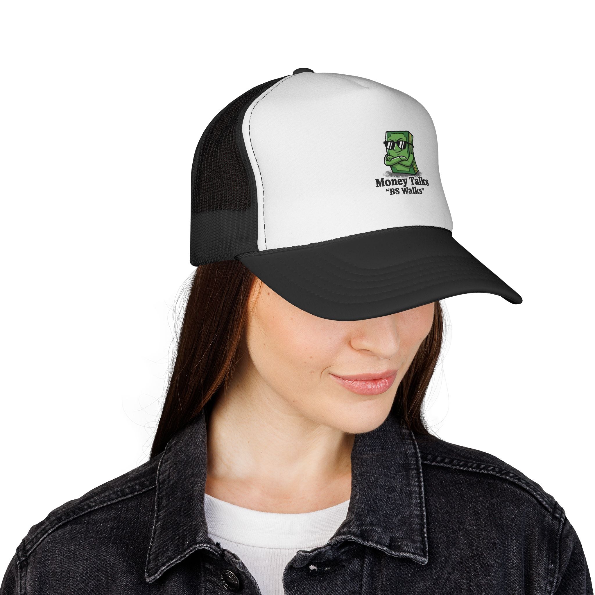 Trucker Cap — 'Money Talks, 5 Walks' Cartoon Cash Graphic
